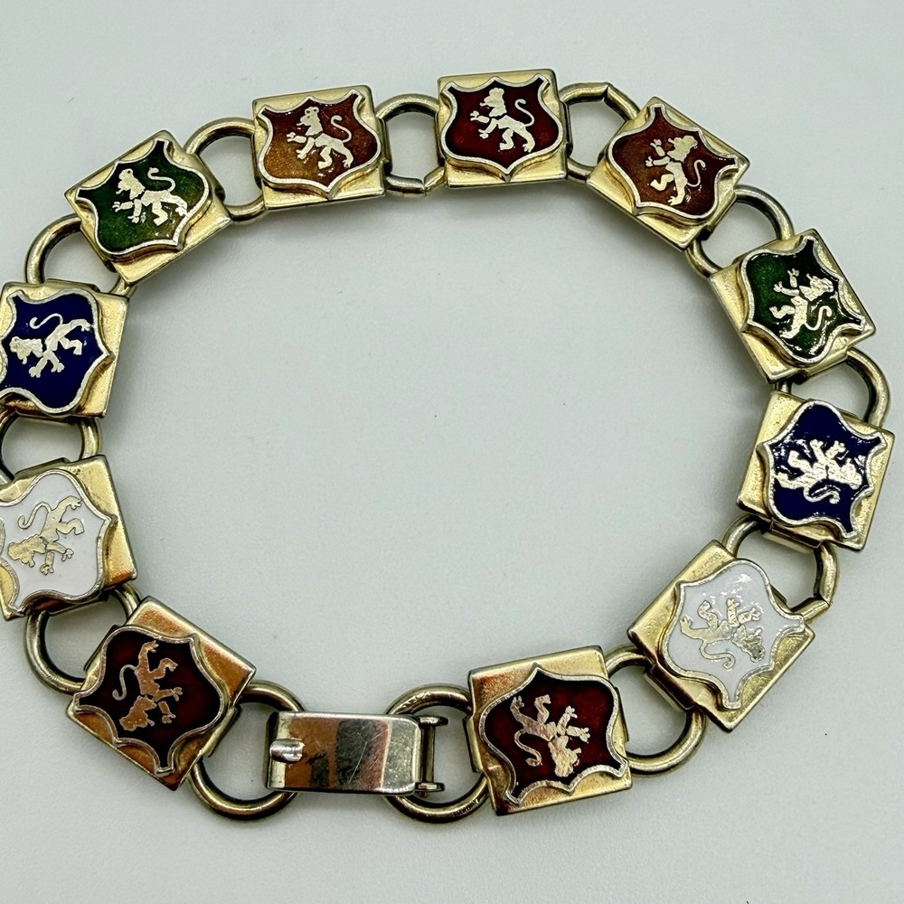 Vintage French Enamel Coat of Arms Bracelet Shield Cup link 50s Souvenir